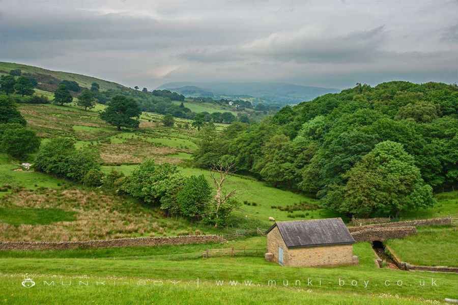 View towards Pendle Hill from above Dean Clough Reservoir valve house Walk Map