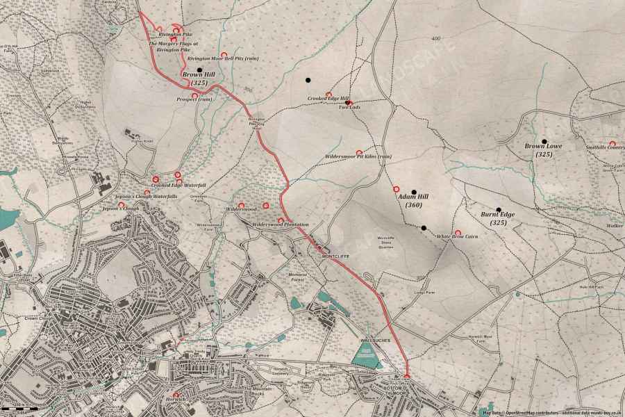 Map of Rivington Pike by Georges Lane (and back) Walk