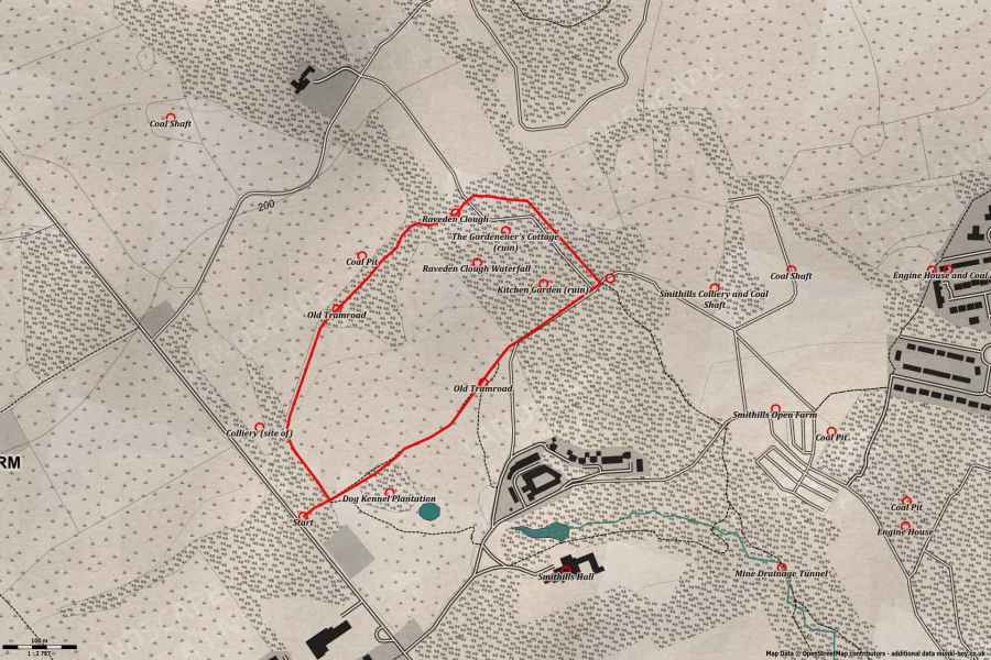 Map of Smithills Hall Kitchen Garden Ruins and Coal Mining Tramroads Explore Walk